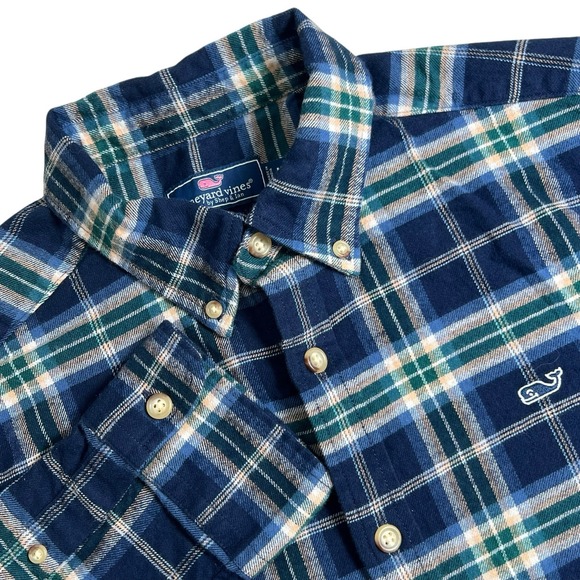 Vineyard Vines Men Medium Blue Plaid Long Sleeve Button Down Plaid Flannel Shirt - Picture 1 of 7